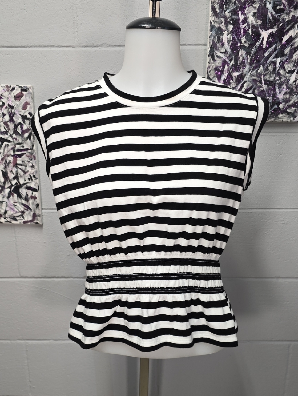 White House Black Market Black and White Striped Sleeveless Peplum Top